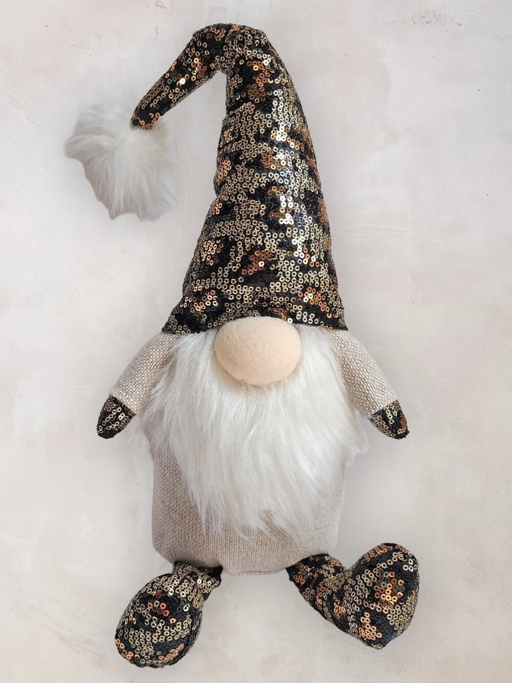 Plush Gold Black Sequin Leopard Print Gnome Holiday Christmas Decor 21"